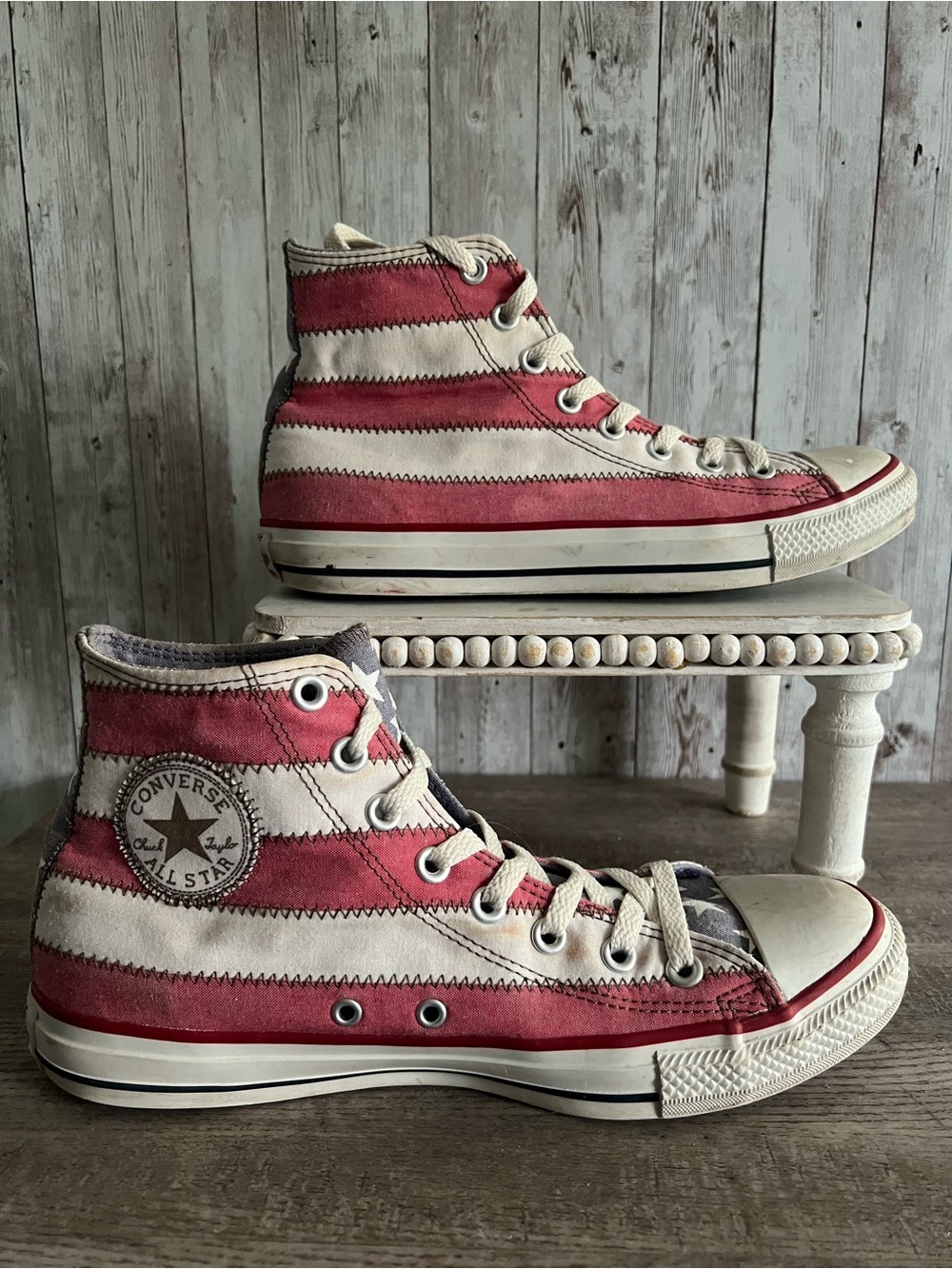 Converse High Top Sneakers Red White Stripes Americana Flag Patriotic Unisex M9